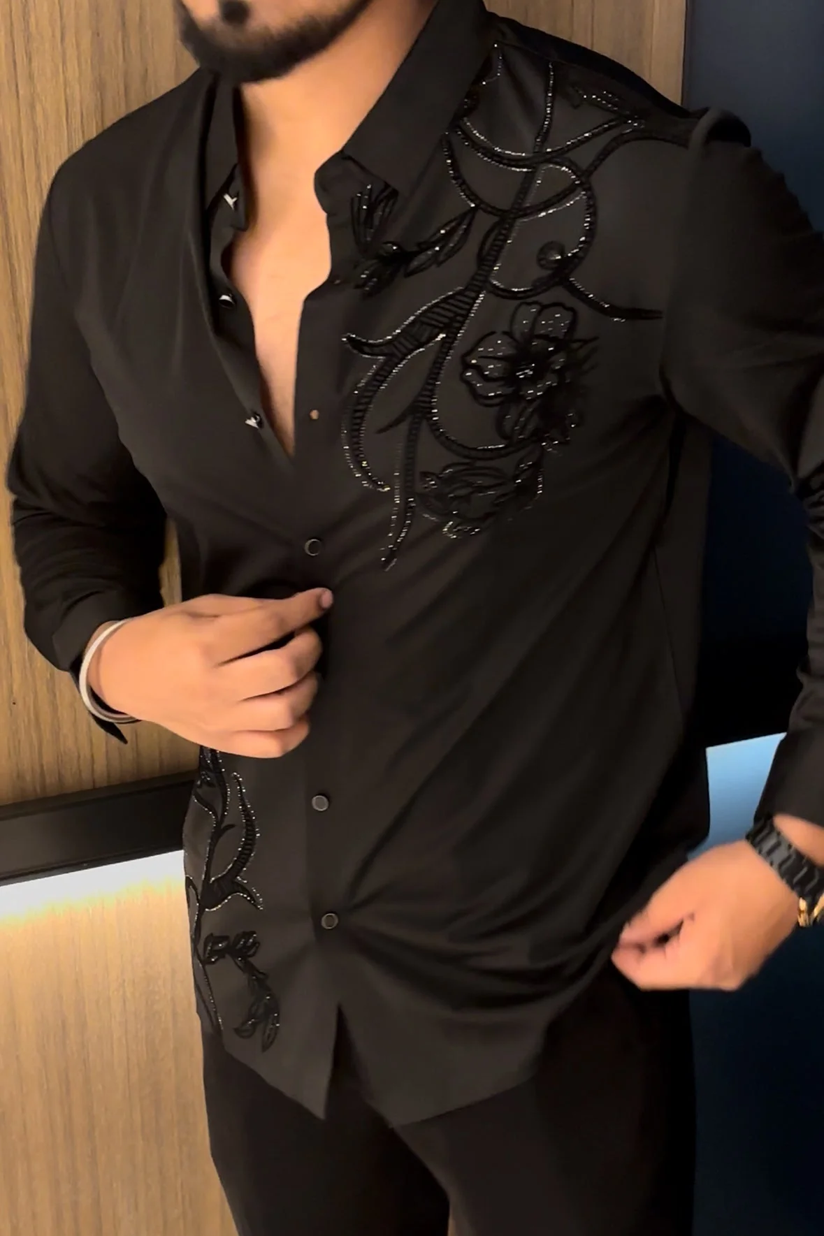 Barcelona Blossom Jacquard Shirt - BLACK - Image 4