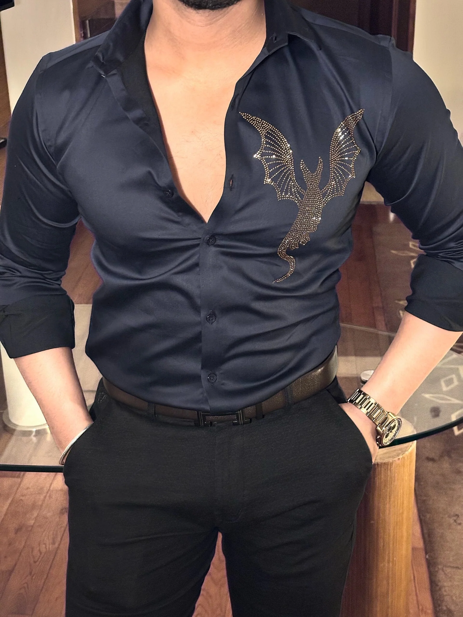 Dragon Giza Cotton Lycra Shirt - Navy - Image 3