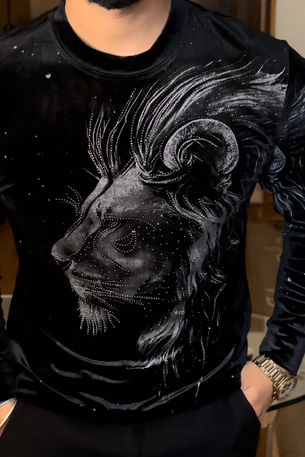 Velvet Swarovski Lion Side Face Silver Print Sweatshirt - Black - Image 2