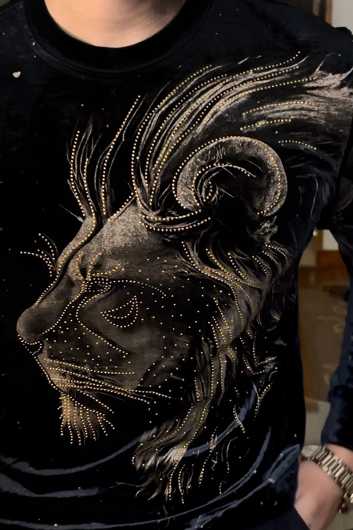 Velvet Swarovski Lion Side Face Gold Print Sweatshirt - Black - Image 2